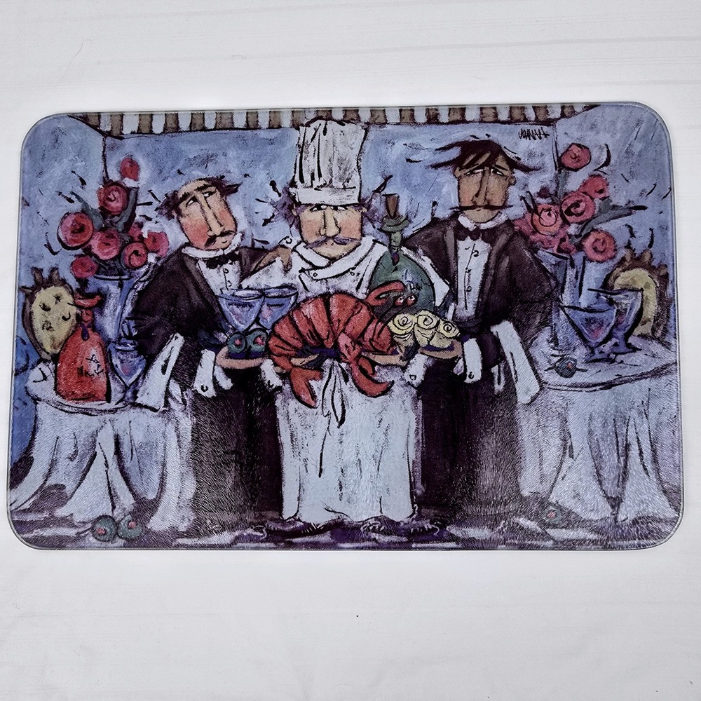 Whimsical Chef Lobster Glass Cutting/Serving Board Bistro Kitchen Decor Coastal